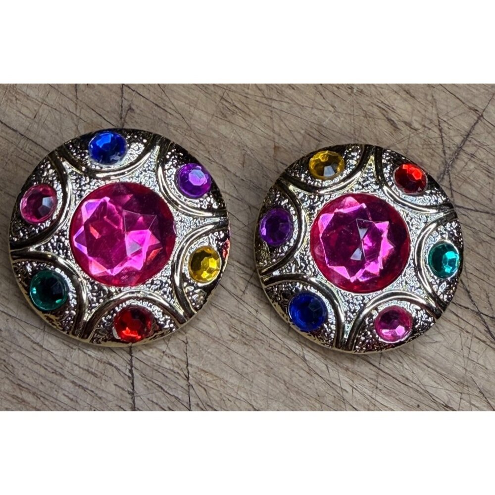 Vintage Gold-Tone Clip-On Earrings With Multicolor Rhinestones & Pink Center Gem